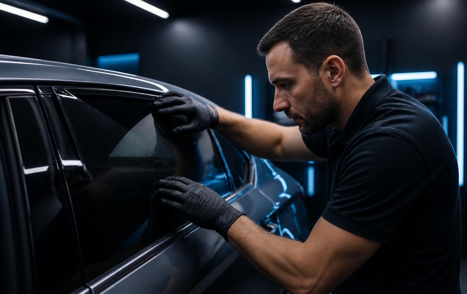 Tint City installer applying automotive window film to a black sedan