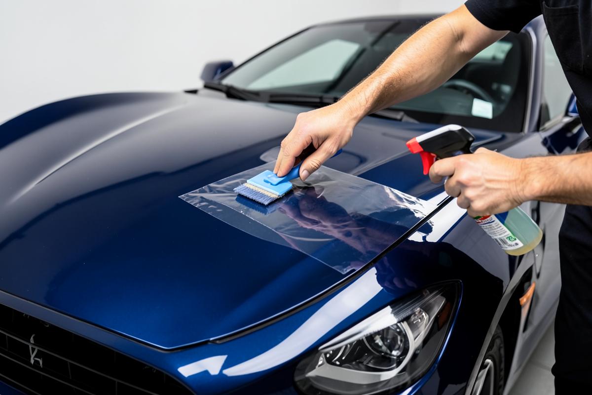 Paint protection film applied to a car hood in San Dimas, CA