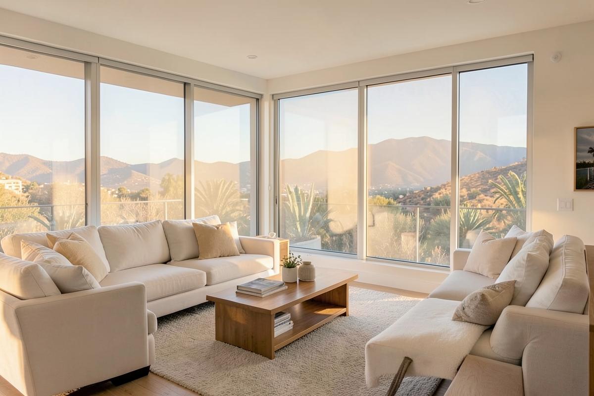 Sunlit living room with solar window film reducing glare on large view windows